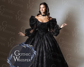 Schwarzes Gothic Brautkleid: Glitzerndes Ballkleid aus Tüll mit Puffärmeln