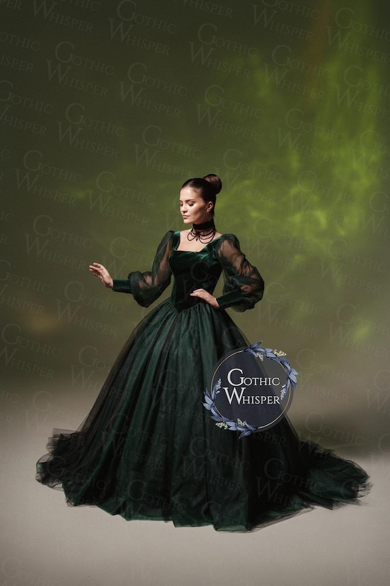 Dark Green Gothic Wedding Dress Elvira Style,dark Fairytale Bridal,  Alternative Tulle Bridal Gown, Dark Fairy Tale Dress Witchcore - Etsy