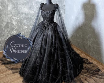 Schwarzes Sparkle Gothic Brautkleid mit Abnehmbaren Ärmeln, Dark Fantasy Brautkleid, Alternatives Schwarzes Brautkleid