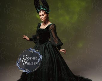 Gotycka zielona aksamitna suknia ślubna | Średniowieczna sukienka czarownicy | Suknia renesansowa Dark Queen | Przezroczyste bufiaste rękawy | Fantazyjny cosplay