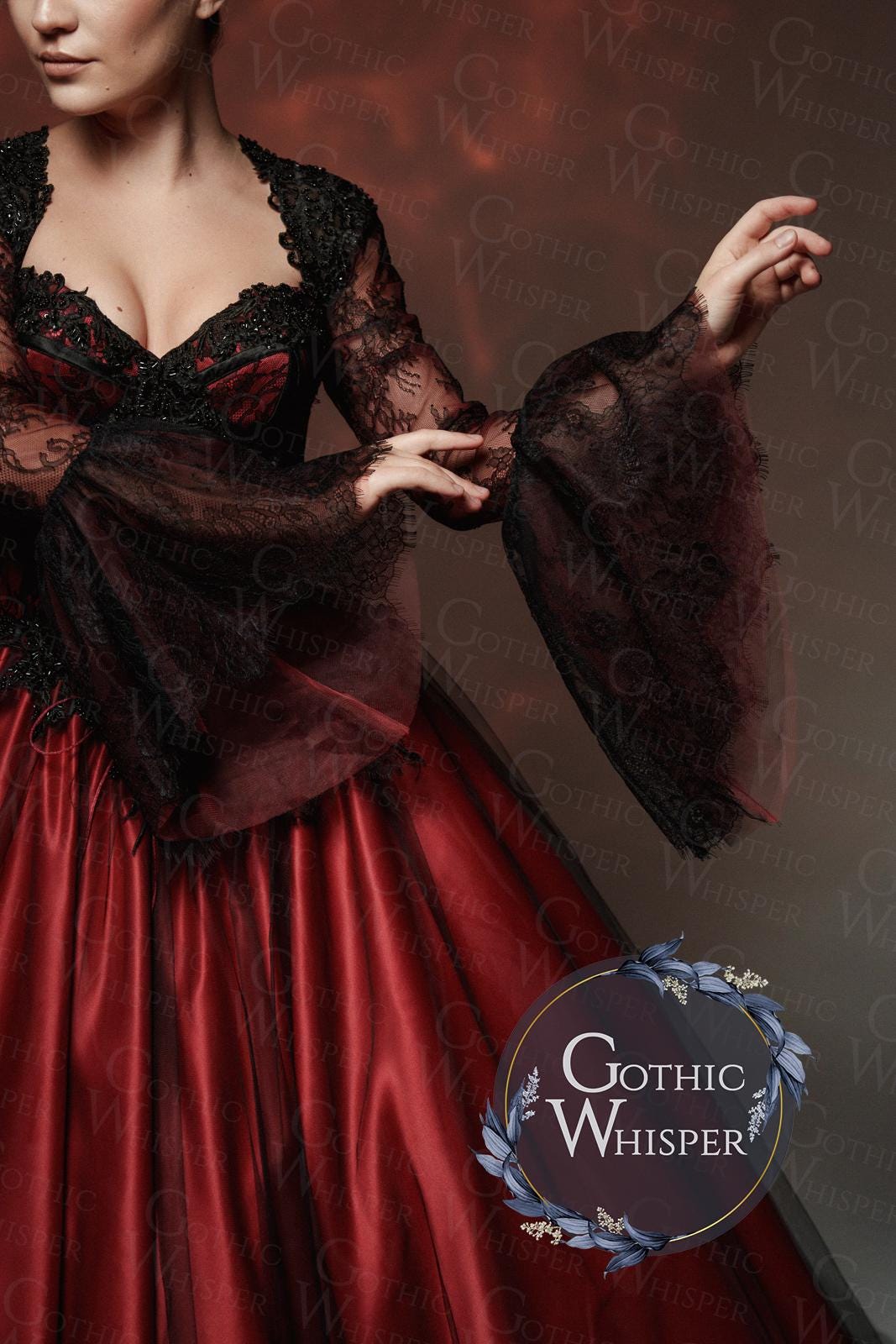 Noir Wedding Dress,Gothic Red Ball Gown with Black Lace Sleeves,Vampire Queen Dress,Victorian Corset Evening Dress,Dark Fantasy Wedding Gown