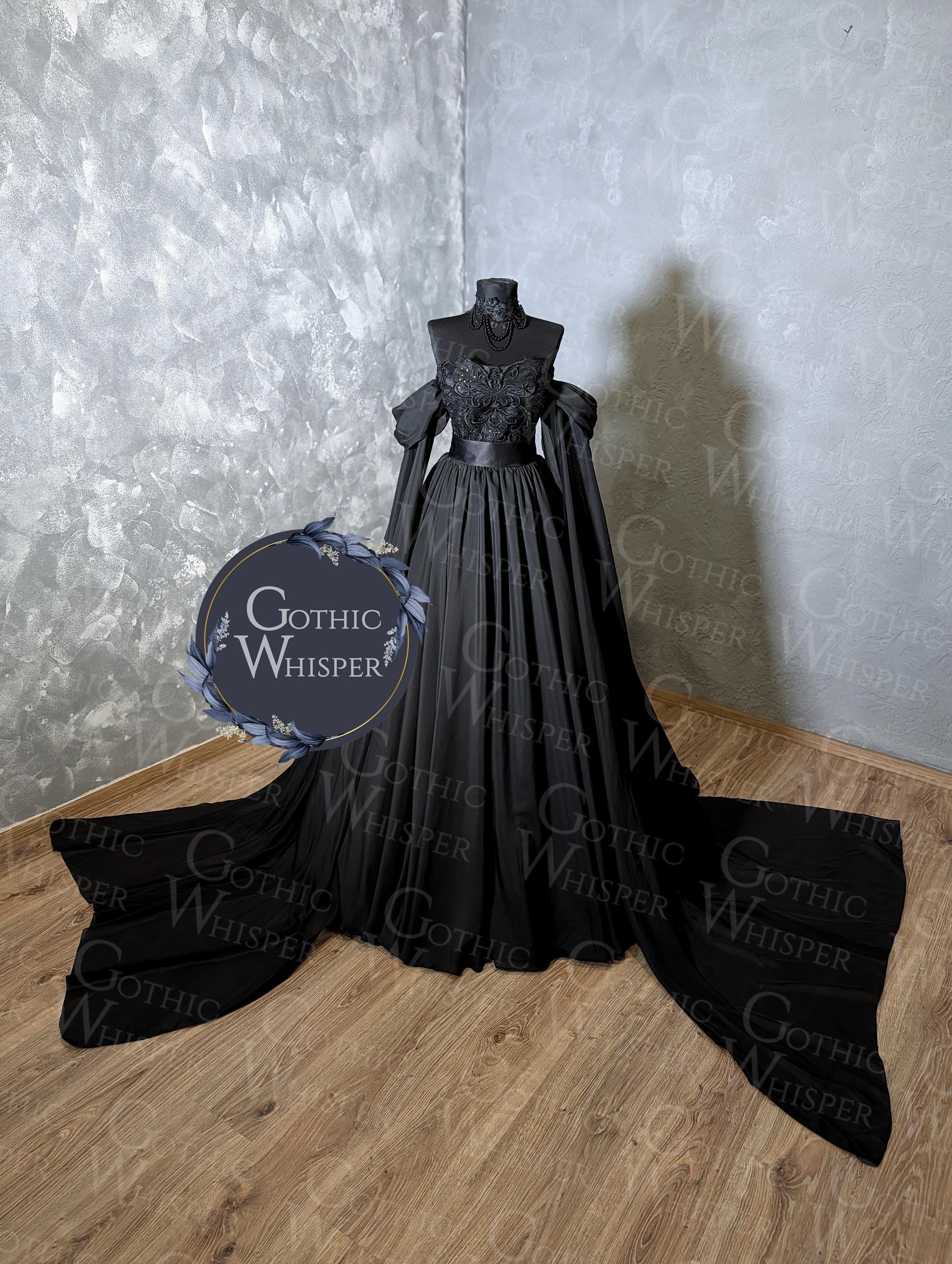 Black Gothic Wedding Dress With Removable Long Sleeves, off Shoulder ...