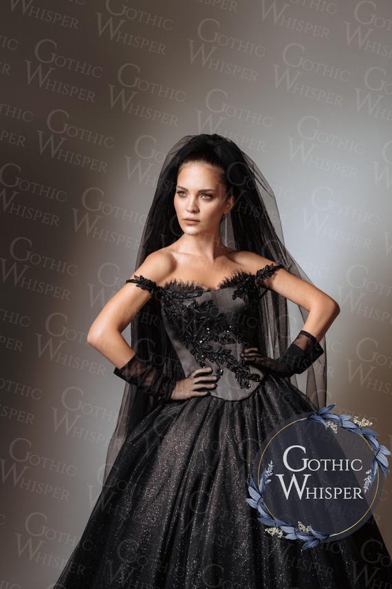 Sheer Black Beaded Tulle Veil with Comb-Romantic Gothic Bridal Hair LYRA Gothic Black Wedding Veil - Elegant Gothic Bridal  main image 2