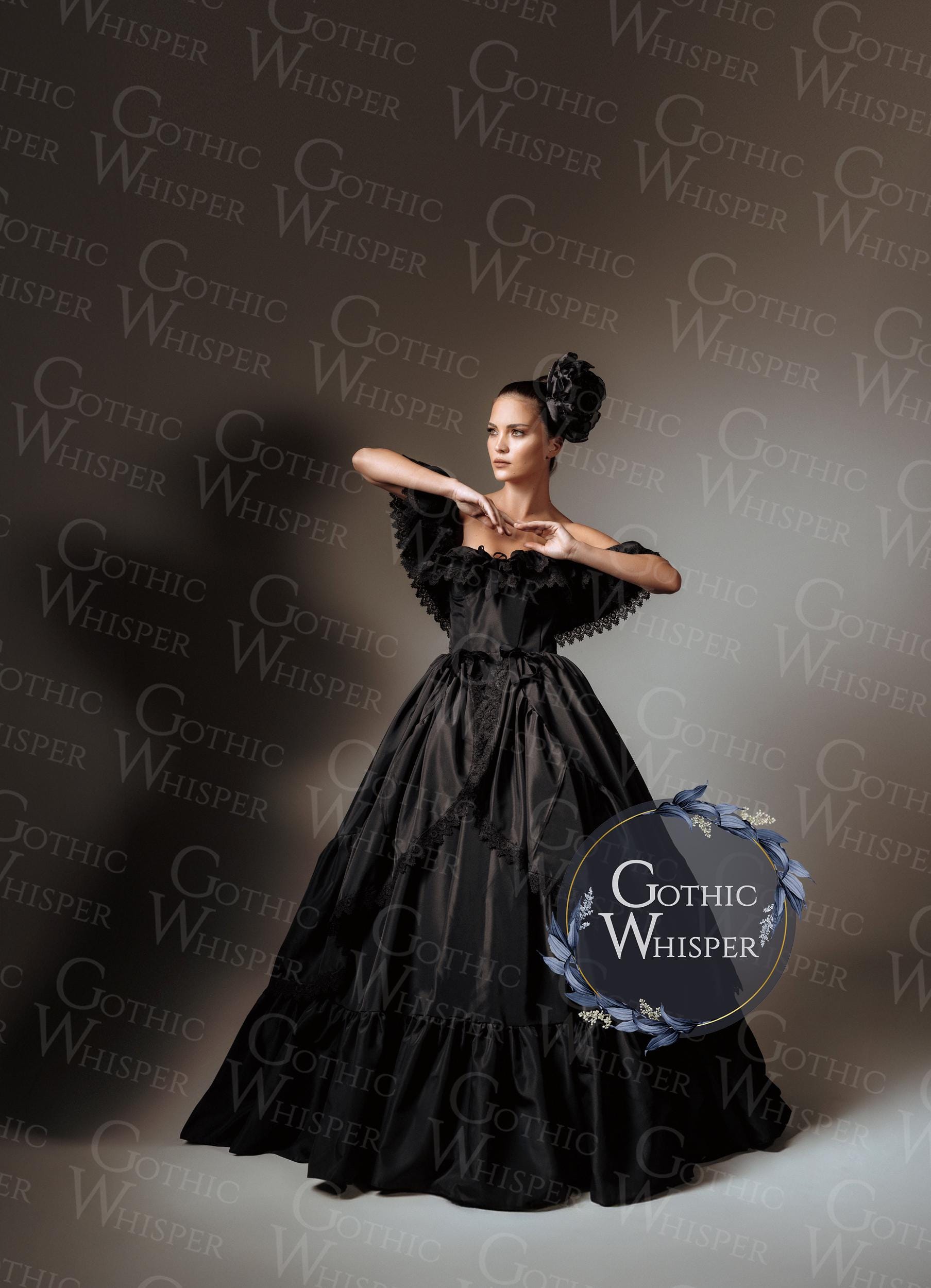 gothic formal dresses Long Black Tulle Prom Dress with Long Sleeves tiered velvet trimmed ruffles at the hem Dark in Love DW935 Gothic
