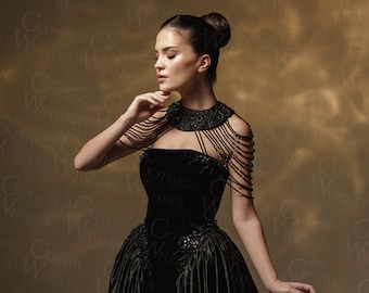 Schwarzes Couture Brautkleid mit Perlen Umhang,Gothic Samt Brautkleid,Alternatives Brautkleid,Gothic Brautkleid,Samt Abendkleid