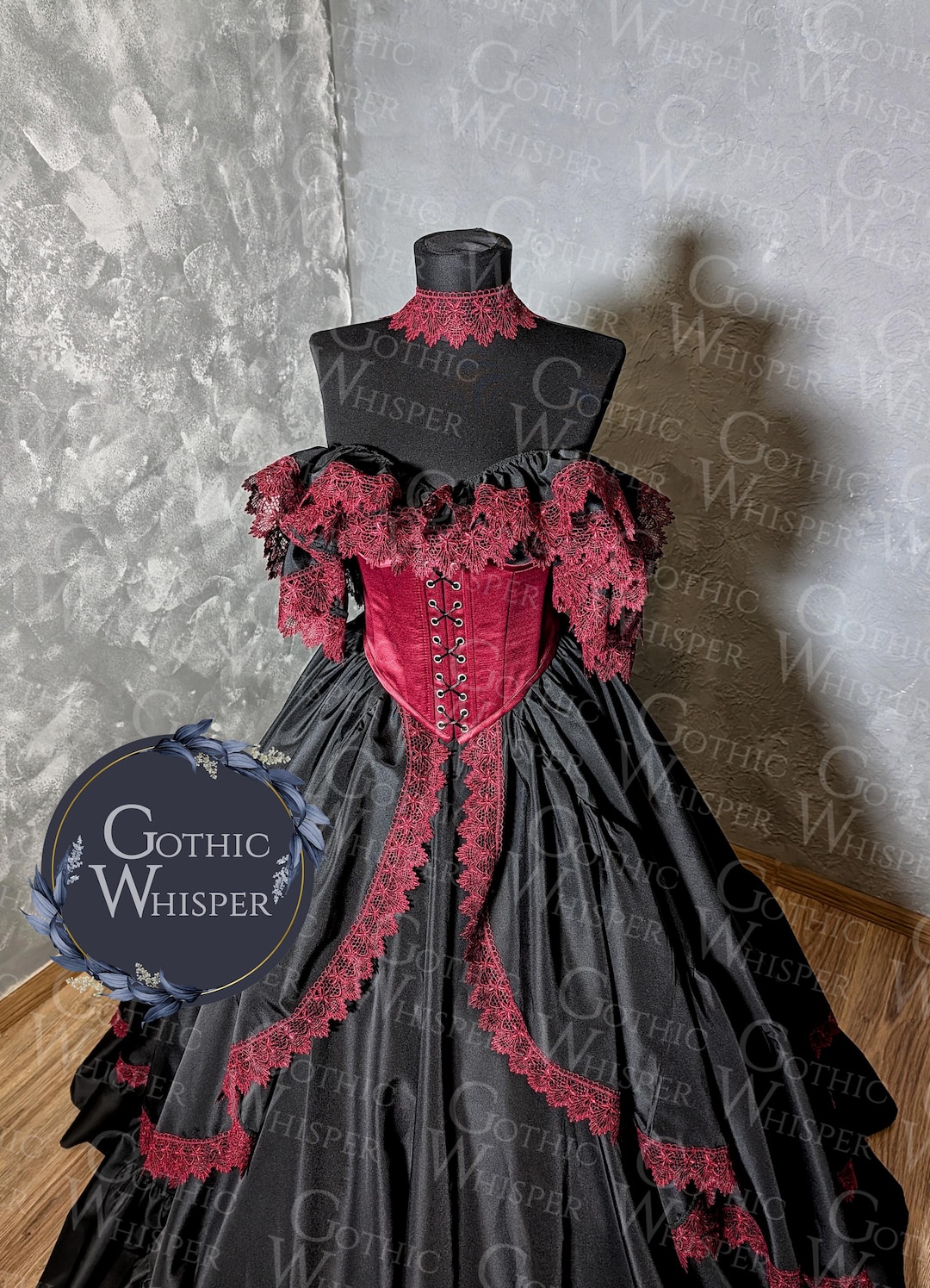 Black Gothic Wedding Dress With Red Lace Corset, Victorian Ball Gown ...