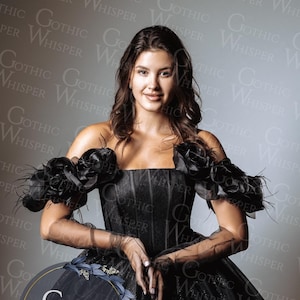 Black Wedding Dress with Dramatic Rose Sleeves | Gothic Off-Shoulder Dress,Black Wedding Dress, Sparkle Black Prom Dress,Gothic Bridal Dress