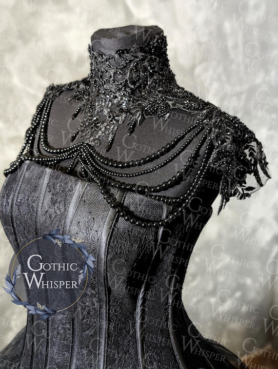 Victorian Gothic Necklace | Black Beaded High Collar Necklace | Dark Queen Shoulder Armor | Gothic Wedding Shoulder Jewelry