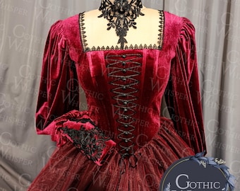 Abito da sposa gotico in velluto bordeaux, abito da ballo vittoriano con corsetto, maniche lunghe, sposa alternativa