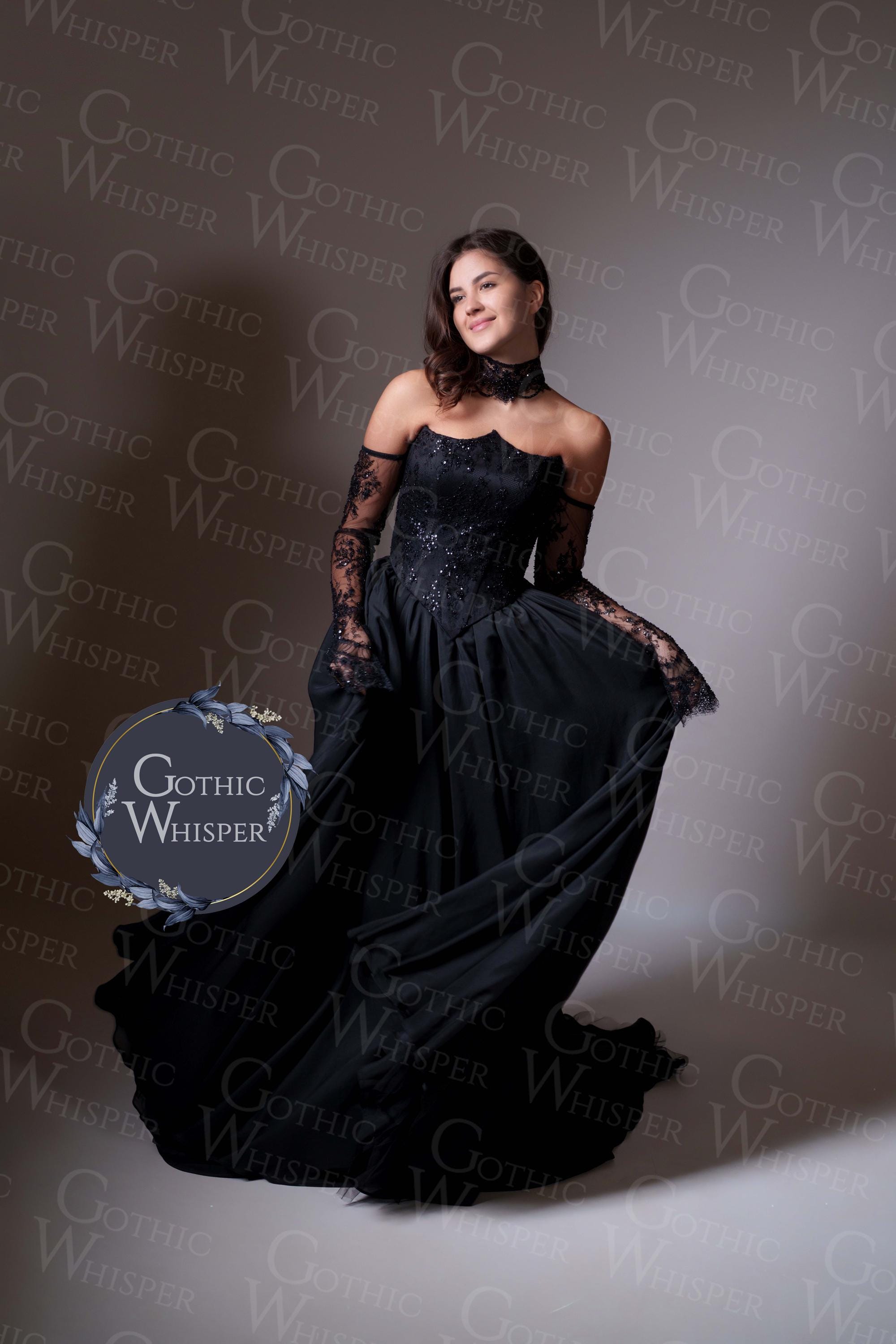 Gothic Wedding Dress Set • Black Lace Corset Gown 4‑piece • Dark Bridal ...