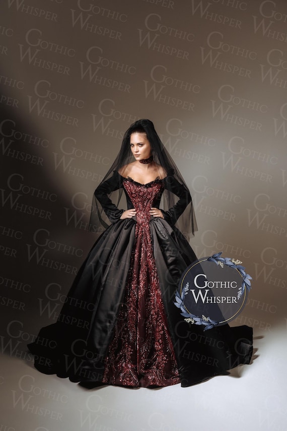 burgundy goth dress Gothic Black & Red Wedding | Victorian Ball Gown | Dark Bridal Gown | Witch Wedding Dress | Gothic Bride Dress This gown is crafted weight Thierry Mugler - Black Select Loafer Size:44