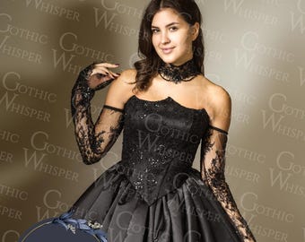 Schwarzes Gothic Korsett Top | Oberteil + Ärmel + Halsband | Viktorianisches Vampir Hochzeit Mieder, Dunkle Alternative Braut Top