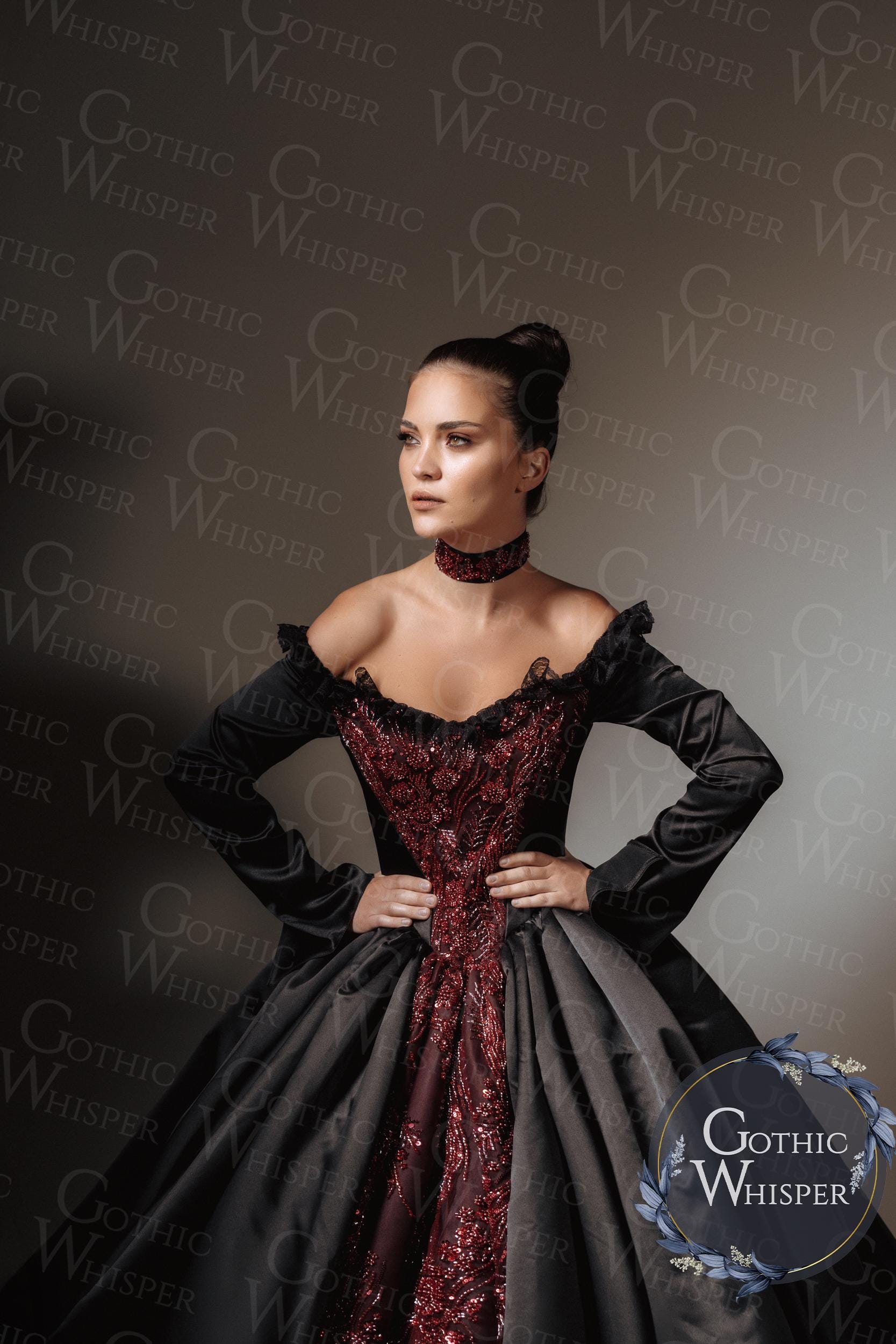 Gothic Black & Red Wedding Dress | Victorian Ball Gown | Dark Bridal Gown | Witch Wedding Dress | Gothic Bride Dress | Noir Wedding Dress