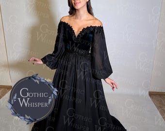 Dunkelgrünes Samt Gothic Brautkleid mit langen Ärmeln