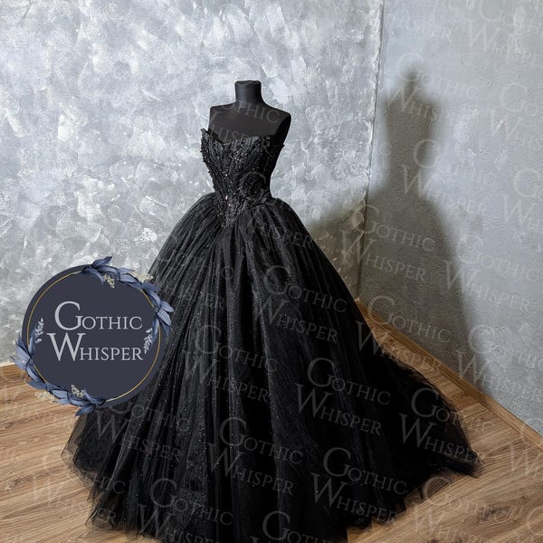 Black Glitter Tulle Wedding Dress, Gothic Ball Gown, Strapless Corset Bridal Dress, Alternative Black Wedding Gown with Train