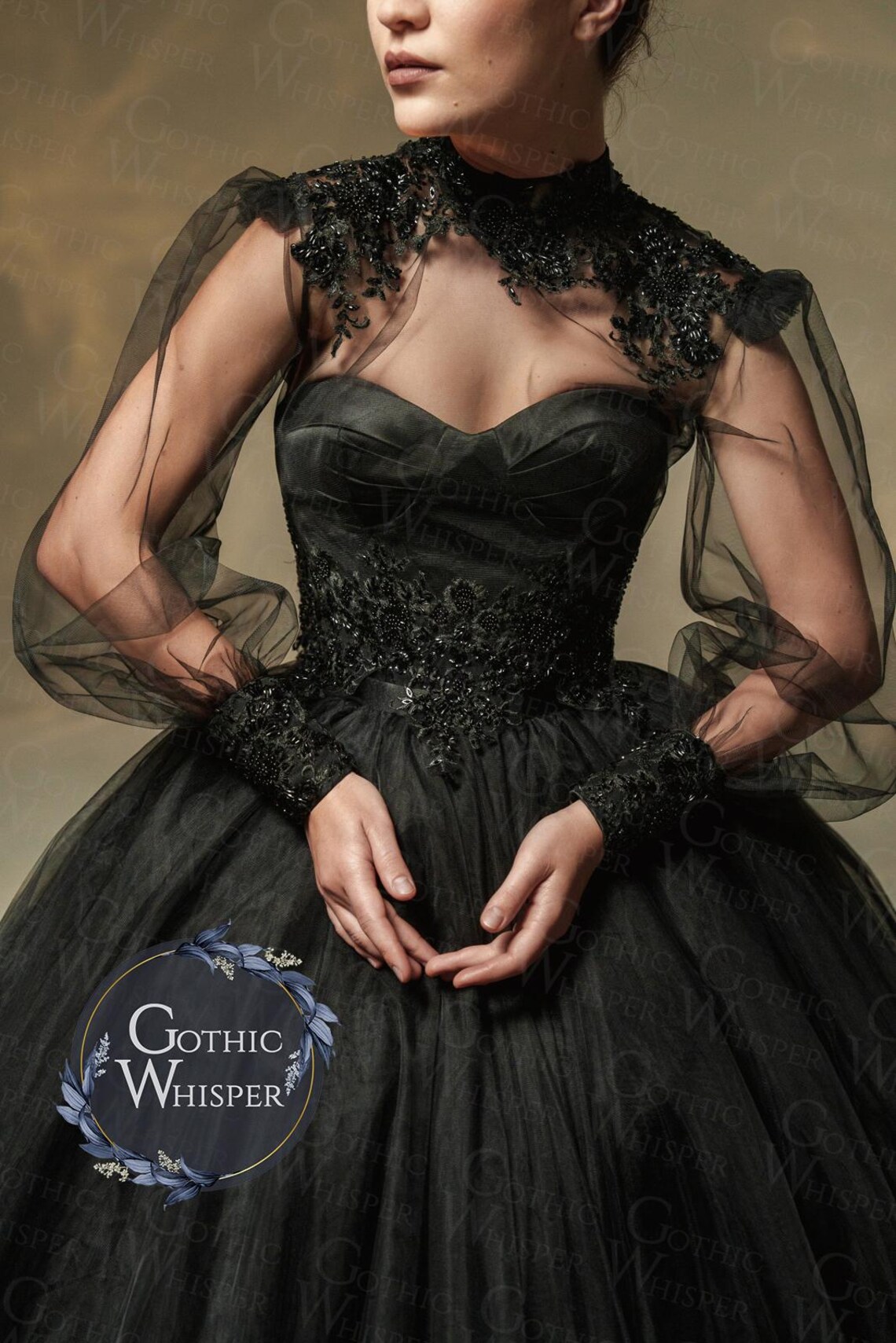 Gothic Black Wedding Dress With Cape, Dark Victorian Bridal Gown, Tulle — free download