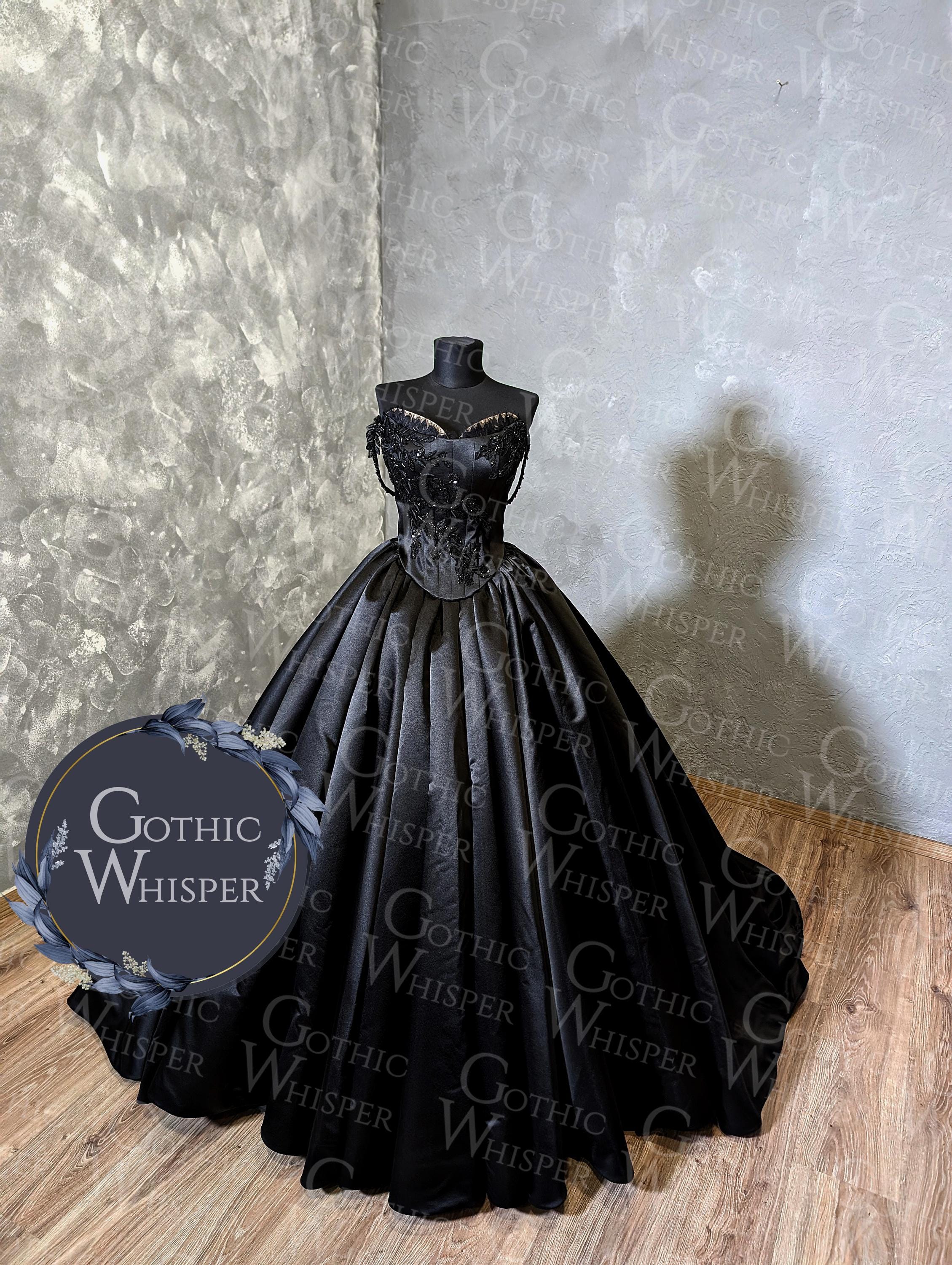 corset black wedding dresses Glitter Lace Embroidery Bodice – Lisposa and elegant court train Off Shoulder Satin Black Wedding