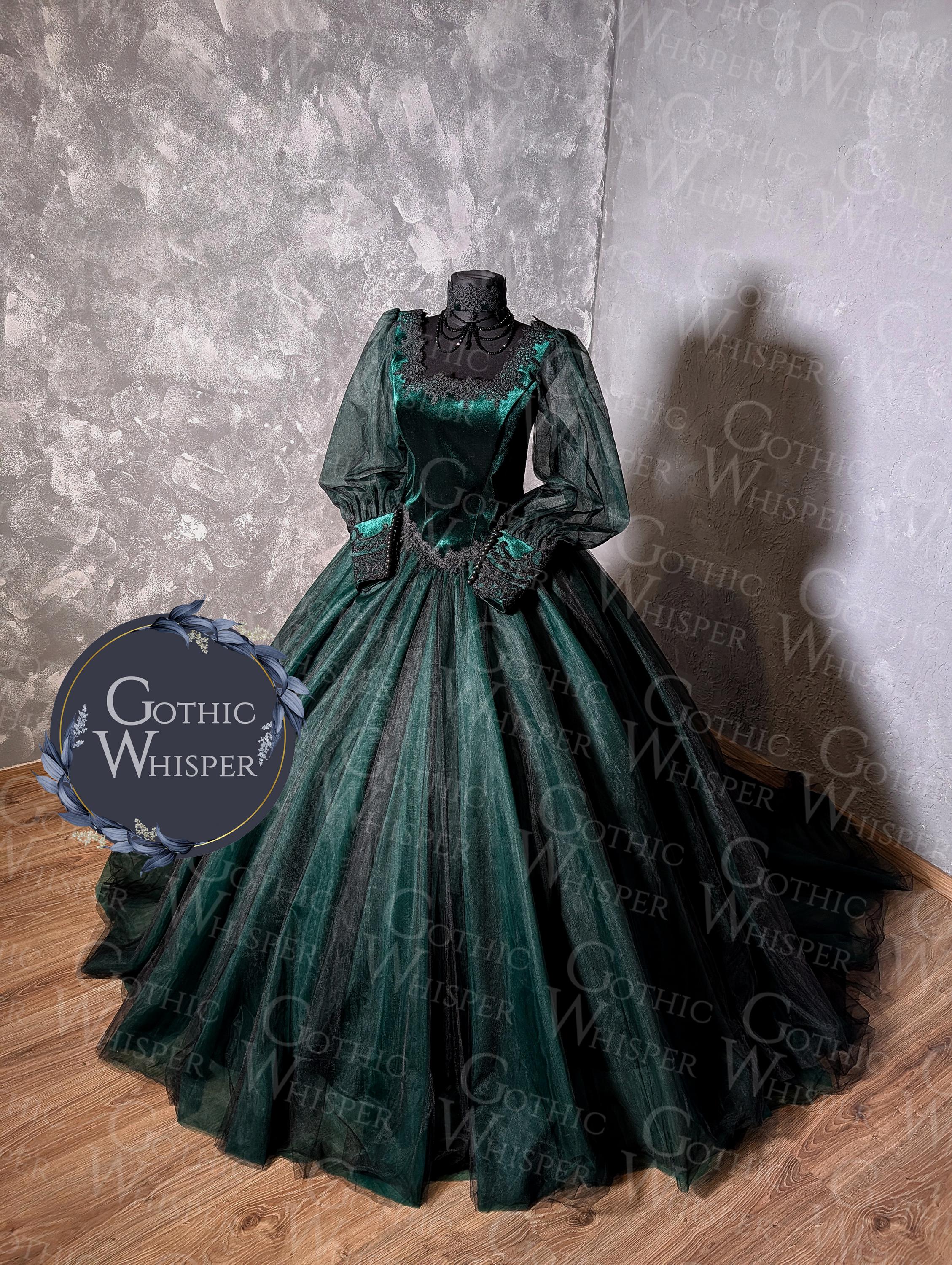 Dark Green Gothic Wedding Dress, Velvet Corset, Dark Romantic Victorian Bridal Gown Dark Green Gothic Wedding Dress, Velvet Corset, Dark Romantic Victorian Bridal Gown