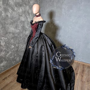 Black and Burgundy Gothic Wedding Dress | Victorian Vampire Gown | Dark Fairytale Bridal Dress with Long Sleeves and Beading