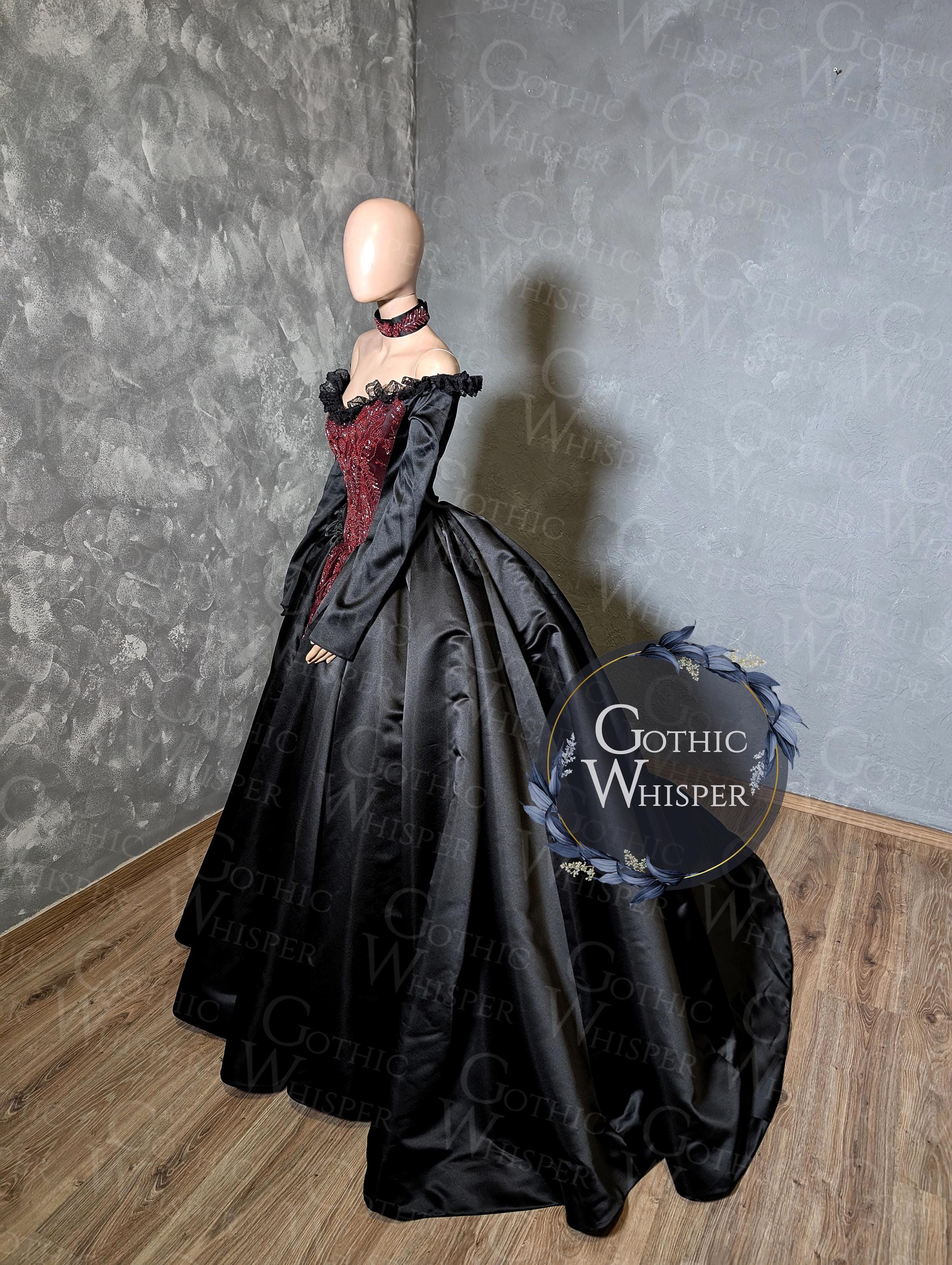 victorian black wedding dresses Black and Burgundy Gothic Wedding Dress | Victorian Vampire Gown | Dark  Fairytale Bridal Dress With Long Sleeves and Beading
