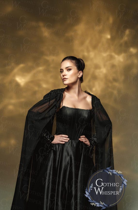 black bride dress costume Gothic Black Wedding Dress With Cape and Gloves| Dark Queen Bridal Gown |  Satin Witch Dress | Alternative Halloween Wedding Dress for Bride