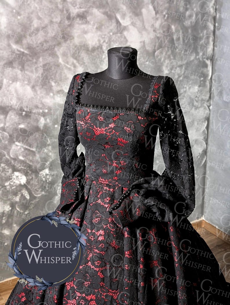 Gothic Wedding Dress Black Red Lace • Victorian Ball Gown Bridal • Long ...