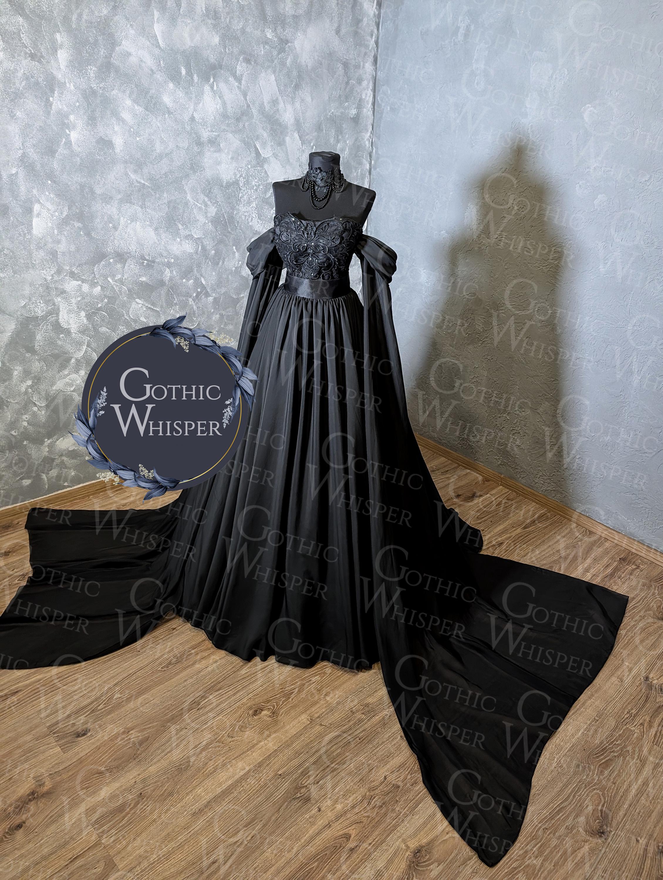 Black Gothic Wedding Dress With Removable Long Sleeves, off Shoulder ...