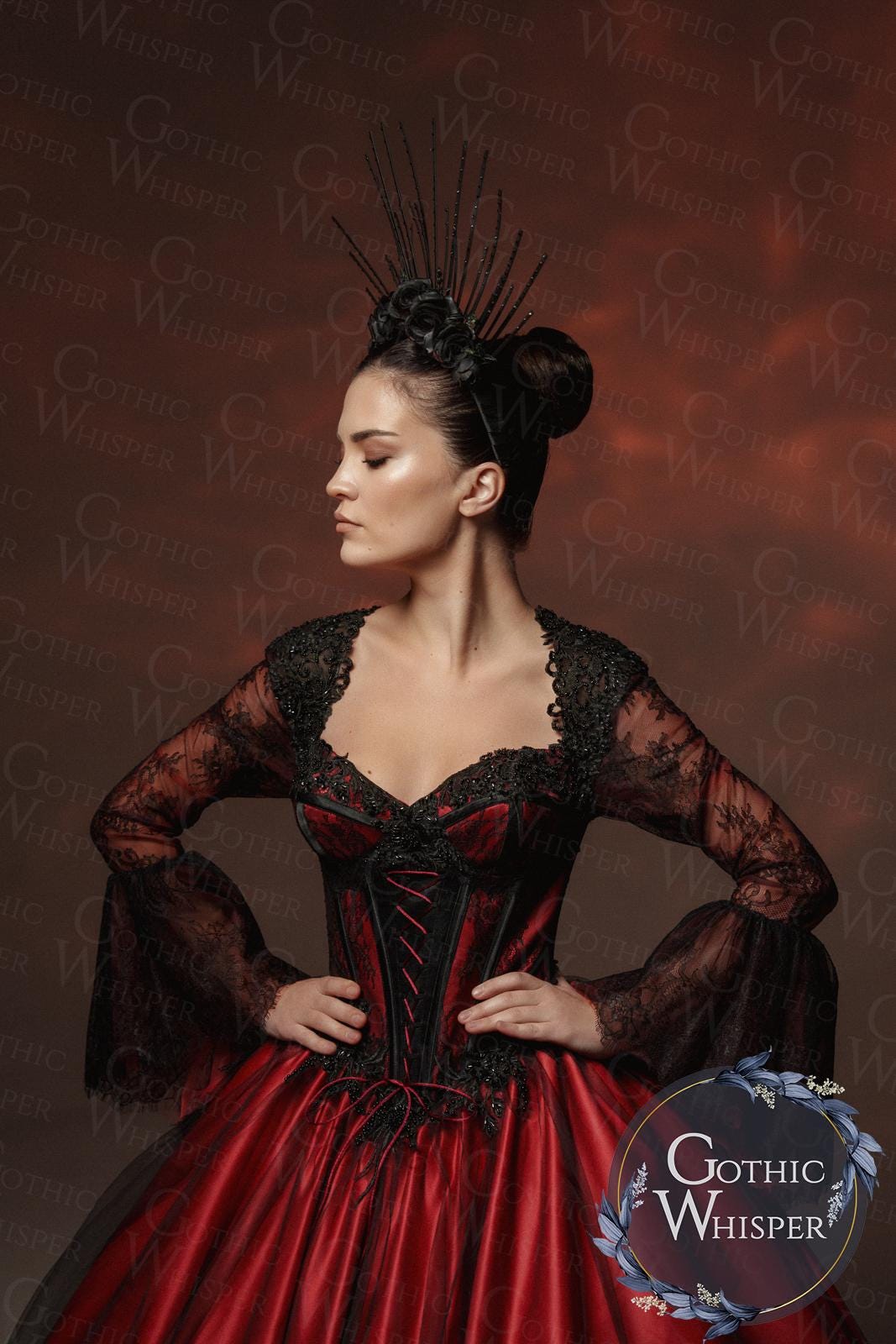 Noir Wedding Dress,Gothic Red Ball Gown with Black Lace Sleeves,Vampire Queen Dress,Victorian Corset Evening Dress,Dark Fantasy Wedding Gown Noir Wedding Dress,Gothic Red Ball Gown with Black Lace Sleeves,Vampire Queen Dress,Victorian Corset Evening Dress,Dark Fantasy Wedding Gown