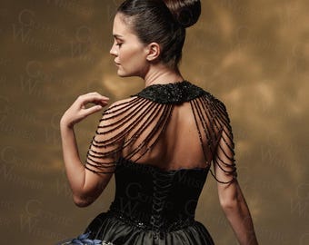 Gothic schoudercape met kralenkettingen | Zwarte epauletten voor donkere bruidslook, outfit heksenbal, vampiergotisch accessoire