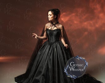 Gothic Black Wedding Dress with Cape | Dark Fairytale Corset Gown | Nosferatu Bride | Alternative Gothic Bridal Dress for Halloween
