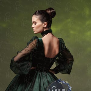K&ouml;nnte beinhalten: Eine Frau in einem langen, dunkelgr&uuml;nen Kleid mit einem schwarzen Samtkorsett und durchsichtigen &Auml;rmeln. Das Kleid hat einen vollen Rock und ist in der Taille eingeengt. Die Frau steht mit dem R&uuml;cken zur Kamera und dem Kopf zur Seite gedreht. Der Hintergrund ist ein gr&uuml;n-brauner Farbverlauf.