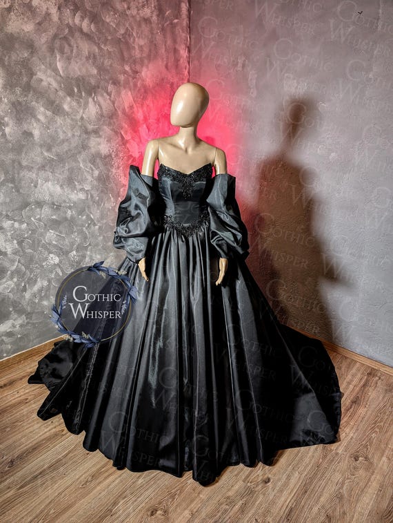 Black Gothic Wedding Dress with Detachable Sleeves | Victorian Vampire Gown | Dark Fairytale Bridal Ball Gown | Black Eloping Wedding Dress