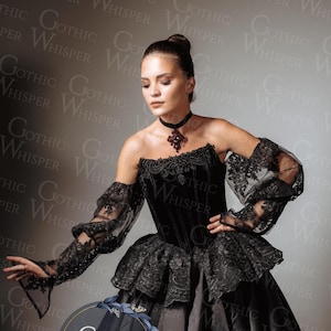 Gothic Wedding Dress Two Piece – Black Velvet Corset & Satin Skirt Set, Victorian Gothic Bride Outfit, Dark Fairytale Bridal Gown