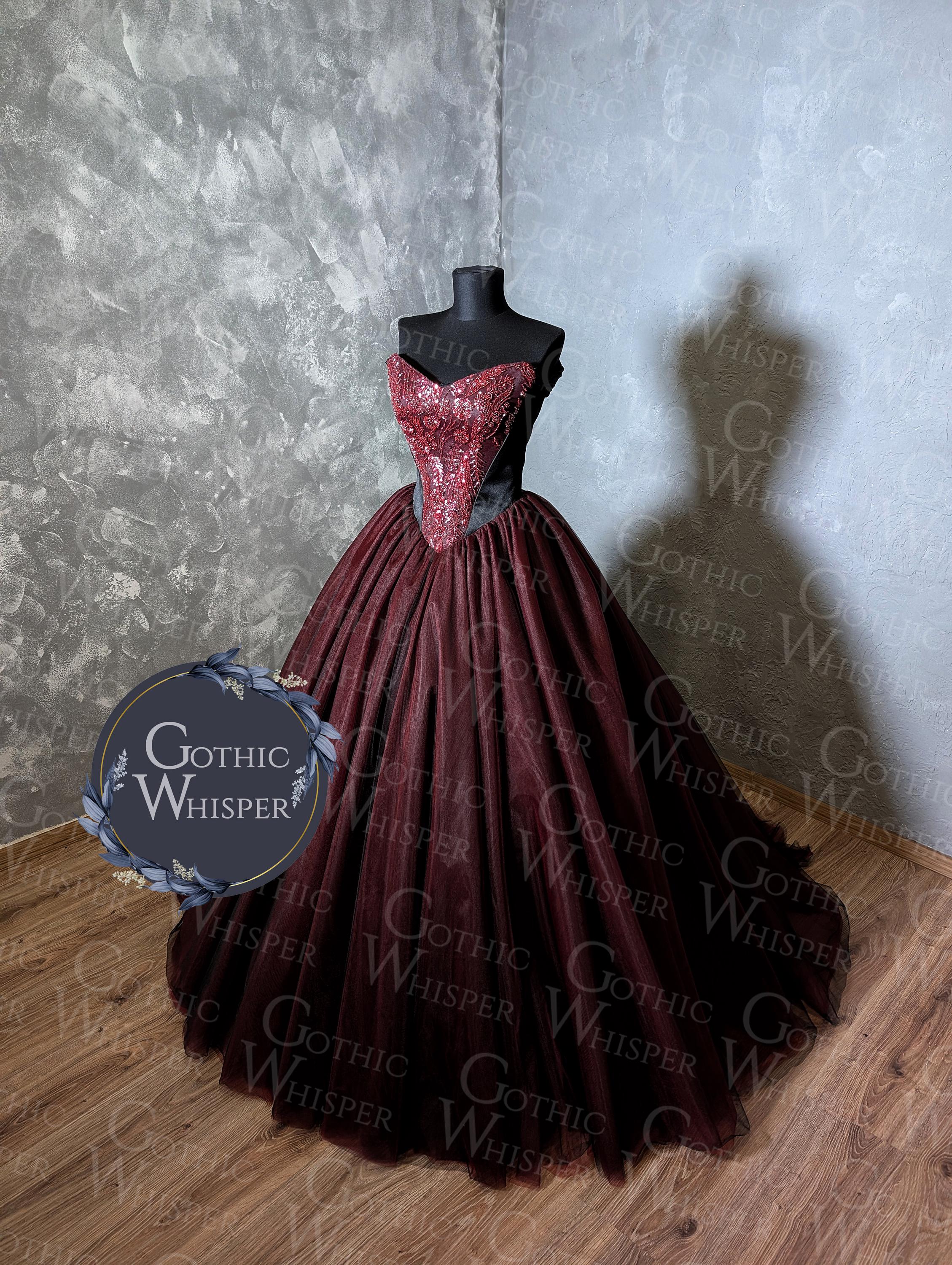 Burgundy Gothic Wedding Dress * Dark Red Bridal Gown * Corset Ball Gown with Lace Appliqu * Vampire Wedding Dress Burgundy Gothic Wedding Dress * Dark Red Bridal Gown * Corset Ball Gown with Lace Appliqu * Vampire Wedding Dress