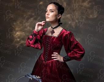 Gothic Red Velvet Dress | Medieval Princess Gown | Renaissance Inspired Wedding Dress | Regal Dark Queen Ball Gown Noir Wedding Dress
