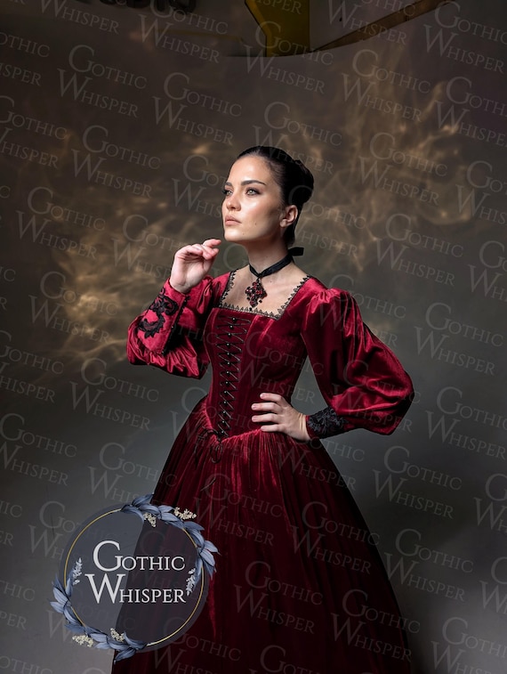 Gothic Red Velvet Dress | Medieval Princess Gown | Renaissance Inspired Wedding Dress | Regal Dark Queen Ball Gown Noir Wedding Dress