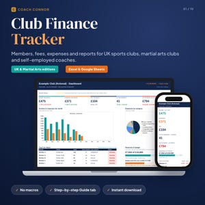 Könnte beinhalten: Ein digitales Club Finance Tracker Dashboard auf einem Laptop- und Smartphone-Bildschirm. Die Benutzeroberfläche zeigt Finanzdaten, Balkendiagramme für Einnahmen und Ausgaben, Tortendiagramme und Mitgliederlisten für Sportvereine und Trainer.