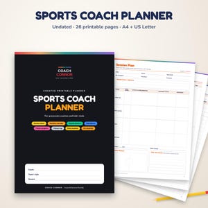 Peut inclure: Un planificateur imprimable pour entraîneur sportif avec 26 pages non datées aux formats A4 et US Letter. La couverture noire affiche le texte Sports Coach Planner, Coach Connor et une liste de sections incluant des plans de séance et calendriers.