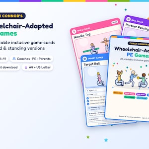 Op de afbeelding: Een set Coach Connor's Wheelchair-Adapted PE Games kaarten met 30 printbare inclusieve spelkaarten. De kaarten tonen kleurrijke illustraties van stokfiguren in rolstoelen en staand, met tekstlabels voor diverse fysieke activiteiten.