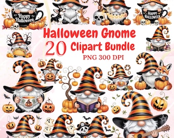 Könnte beinhalten: Eine Sammlung von 20 Halloween-Zwerg-Clipart-Bildern. Jeder Zwerg trägt einen schwarz-orange gestreiften Hut und ist von Kürbissen, Fledermäusen und anderen Halloween-Elementen umgeben. Einige Zwerge halten Tassen mit der Aufschrift "Happy Halloween".