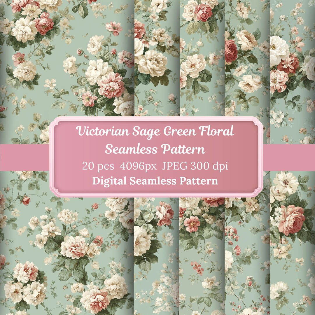 Victorian Sage Green Floral Seamless Pattern Bundle, Vintage Botanical ...