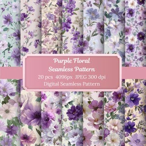 May include: A collection of purple floral seamless patterns. The patterns feature various shades of purple, lavender, and white flowers with green leaves. The image includes the text "Purple Floral Seamless Pattern" and other details about the digital product.