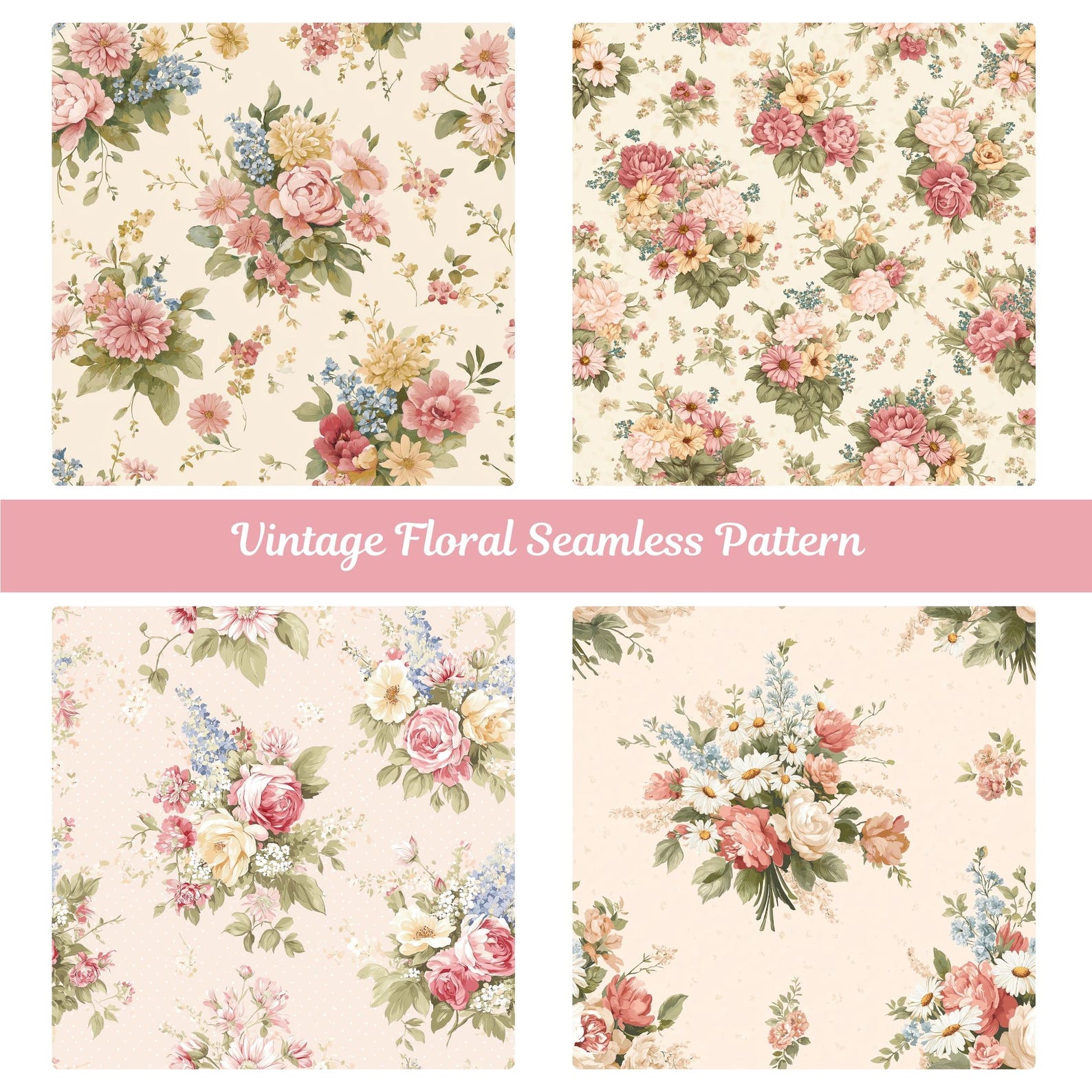 Vintage Floral Seamless Pattern – Shabby Chic Roses & Peony Digital ...