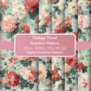 May include: A digital seamless pattern featuring a vintage floral design. The pattern showcases a repeating arrangement of pink, red, and white flowers with green leaves on a light blue background. The image includes text that reads "Vintage Floral Seamless Pattern".
