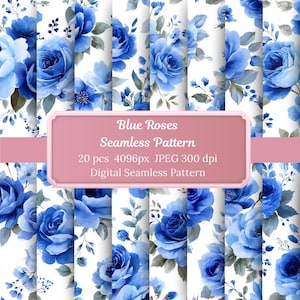 Puede incluir: Un patrón digital sin costuras con rosas azules sobre un fondo blanco. La imagen incluye una etiqueta rectangular rosa con el texto "Blue Roses Seamless Pattern". El patrón se compone de 20 piezas, 4096px, JPEG 300 dpi, y es un patrón digital sin costuras.