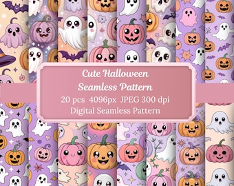 Kawaii Halloween Seamless Patterns: Pastel Ghost & Pumpkin Digital Paper (20 JPGs)
