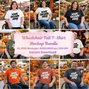 May include: A digital mockup bundle featuring individuals in wheelchairs wearing various colored t-shirts with the text YOUR DESIGN HERE printed in black or white. The collection includes 10 high-resolution JPEG files set in a pumpkin patch.
