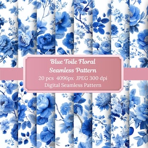 May include: A collection of digital seamless patterns featuring blue floral designs on a white background. The patterns showcase various blue flower arrangements. The image includes text that reads "Blue Toile Floral Seamless Pattern".