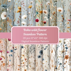 May include: A set of 20 digital seamless patterns with watercolour wildflower illustrations. The patterns showcase diverse floral designs in blue, beige, and brown hues. The image text reads "Boho wild flower Seamless Pattern 20 pcs 30.5cm x 30.5cm 300 dpi Digital Seamless Pattern."