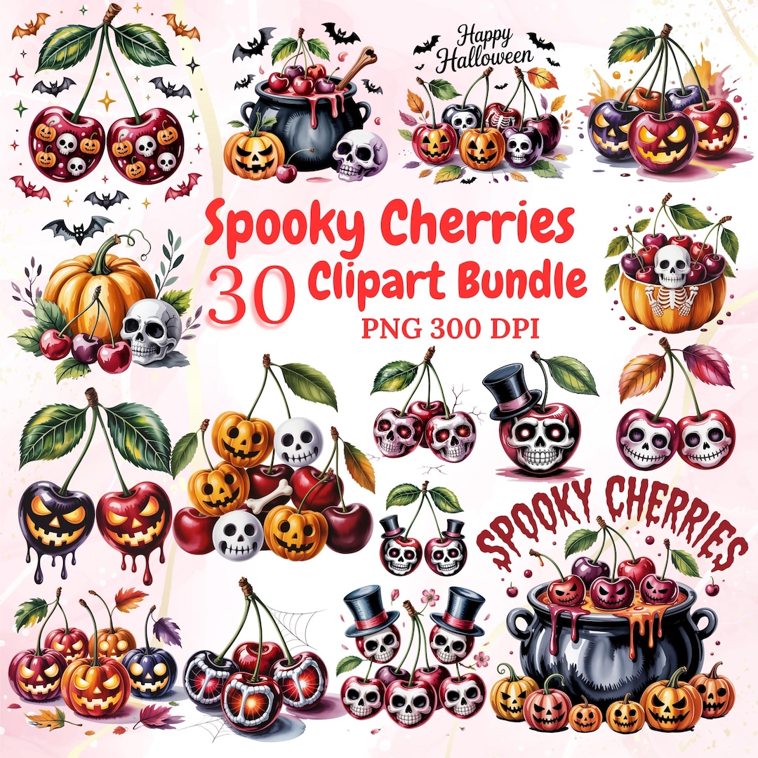 Spooky Cherry Halloween Clipart Bundle: Skull Fruit Pngs (digital ...